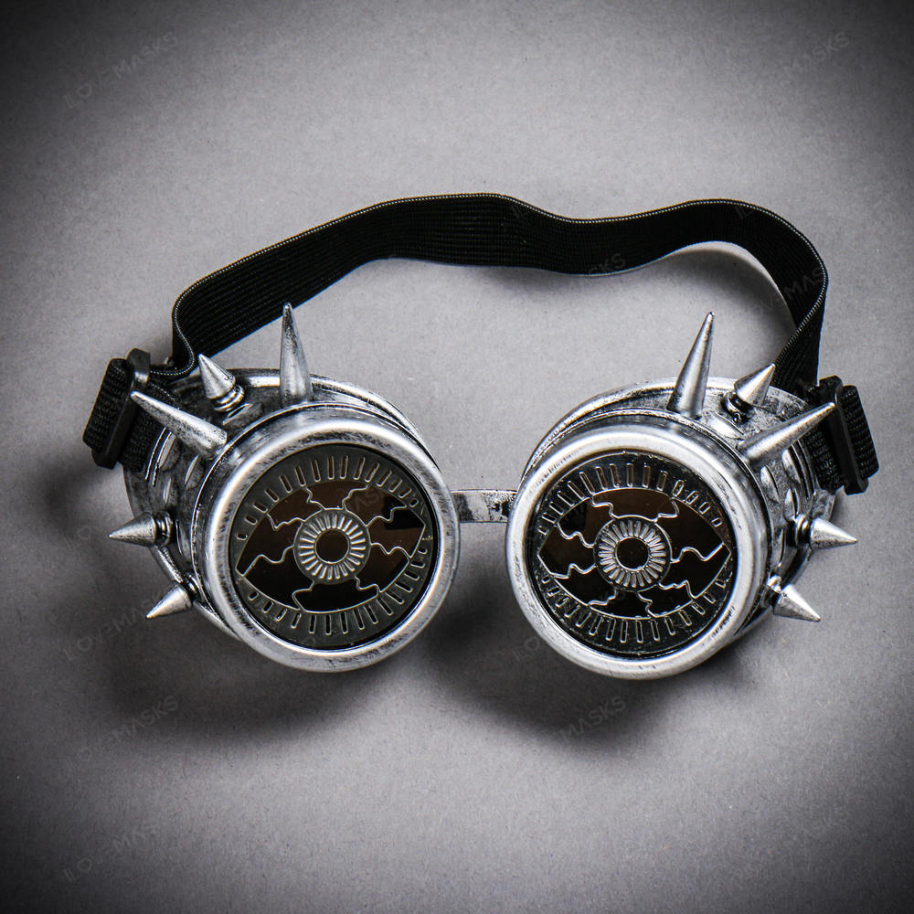 Steampunk Spikes Goggles With Evil Eyes Dark Lens - Metallic Silver - Picture 2 of 5